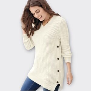 New Woman Within Plus Sz M 14 16 Ivory Waffle Knit Sweater Tunic Button Cozy